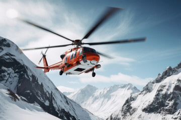 Fototapeta na wymiar A rescue helicopter flies over snowy mountains.