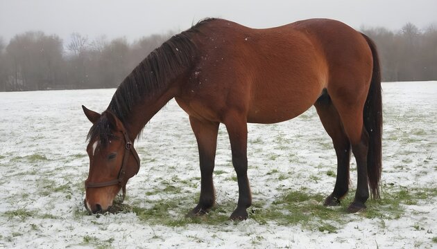Brown horse wearing a coat and eating int the grass covered by snow