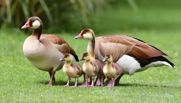 Egyptian goose, alopochen aegyptiacus,and babies walking on the grass near the water