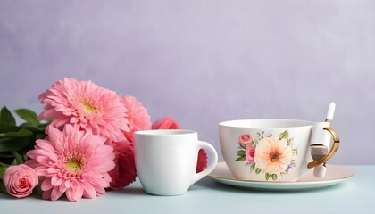 Fototapeta na wymiar Floral perfume bottle with flowers and coffee mug