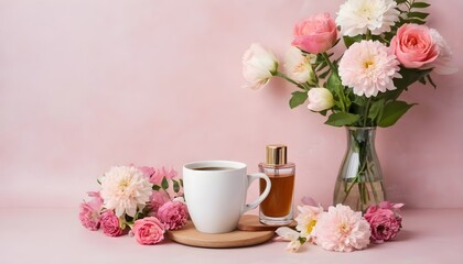 Floral perfume bottle with flowers and coffee mug