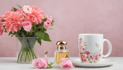 Floral perfume bottle with flowers and coffee mug