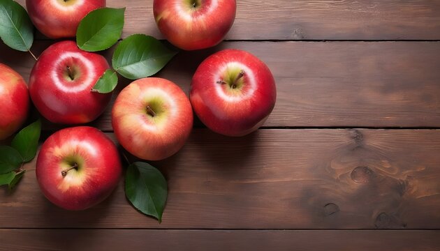 Fresh red apples with green leaves on a wooden table. On wooden background