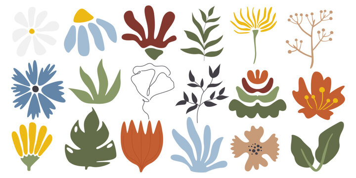 Aesthetic vintage abstract flowers collection isolated. Groovy retro plants and leaves set. Modern hippie shape poster art designs. Simple cute boho organic. Floral hand drawn flat vector illustration