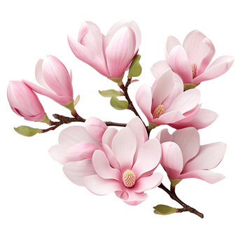 Branch of pink magnolia flowers isolated on transparent or white background