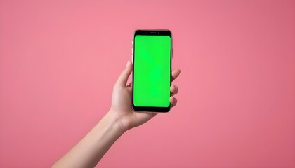 Human hand holding mobile smartphone with green screen in horizontal position isolated on pink background. clipping path - obrazy, fototapety, plakaty