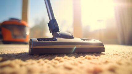 Close up head of a sweeper cleaning device. Vacuuming carpet with vacuum cleaner. - obrazy, fototapety, plakaty