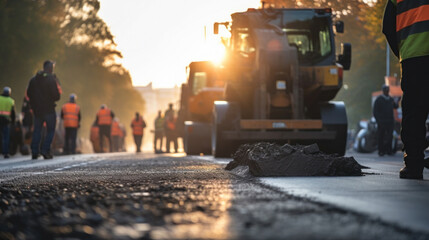 Construction of a new road, paving the road surface, Selective focus on asphalt road..