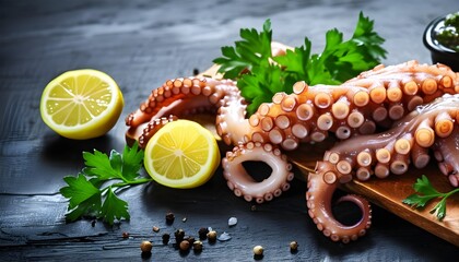 Octopus on a cutting Board with lemon, parsley and sauce. On black rustic background - obrazy, fototapety, plakaty