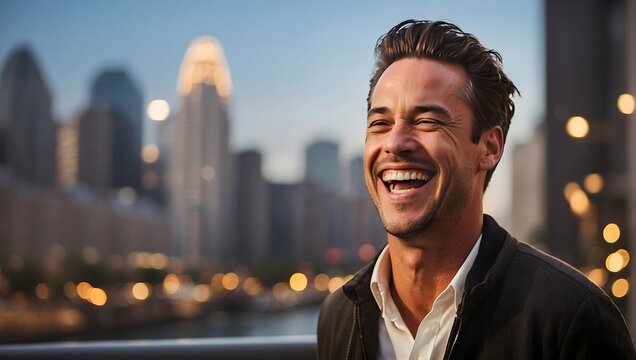 An Outdoor Photograph Of A Man Laughing, With A Cityscape Elegantly Blurred Behind Him, Emphasizing The Contrast Between Joy And Urban Life. Generative AI