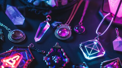 Pastel neon talismans enhance a hackers abilities each charm imbued with spells for speed and stealth - obrazy, fototapety, plakaty