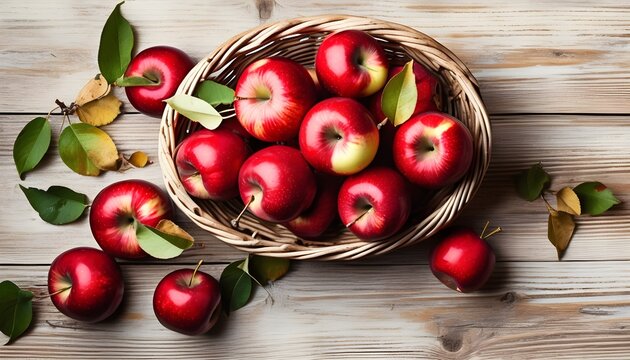 Red apples in an old basket with leaves. On a wooden table. Top view