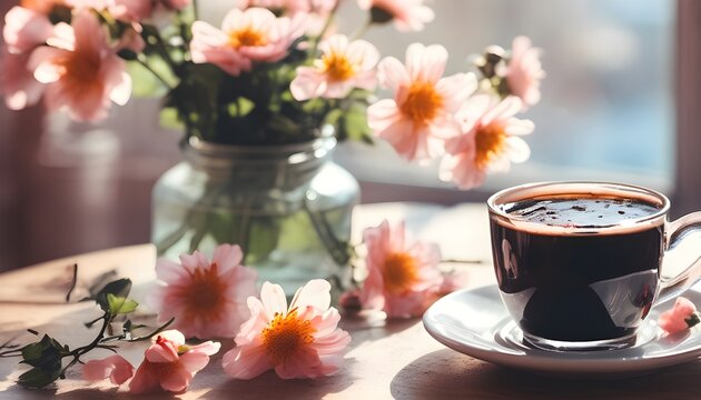 Refreshing black coffee. Cozy spring morning. Refreshing day at home with a cup of coffee and fresh spring flowers