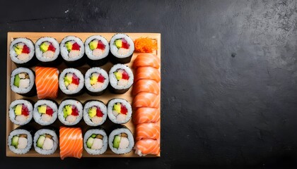 Set of different sushi rolls with salmon, chicken, shrimp and vegetables. On black rustic background