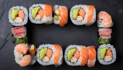 Set of different sushi rolls with salmon, chicken, shrimp and vegetables. On black rustic background