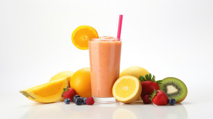 Fototapeta premium Fresh fruit smoothies fruits orange juice drink straw in a cup on white background.