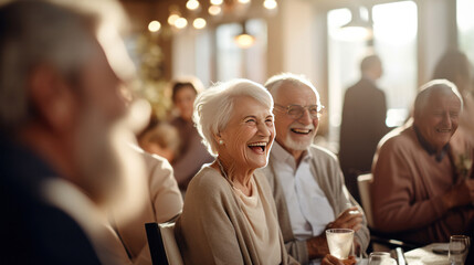 Group of Joyful senior citizens enjoying companionship at a social club. - obrazy, fototapety, plakaty