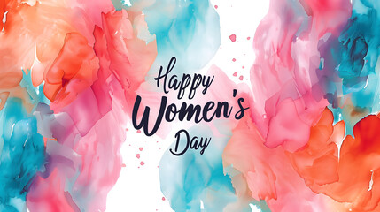 Inspirational calligraphic quote overlay on a colorful background for the Women's Day social media post. Abstract watercolor painting in red and blue background with the word "Happy Women's Day".
