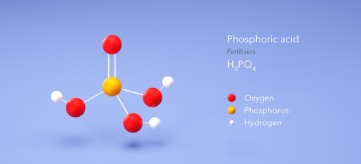 phosphoric acid molecule, molecular structures, fertilizers, 3d model, Structural Chemical Formula and Atoms with Color Coding