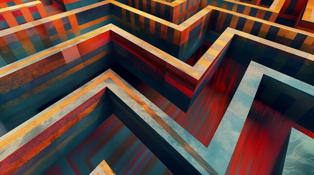 A digital art piece that plays with perception through a series of geometric shapes arranged in a complex labyrinth pattern, with bold colors and textures that create a sense of depth and movement. 8k