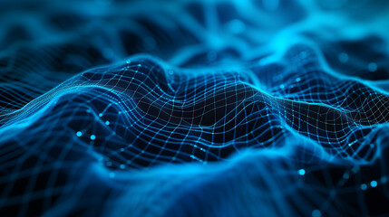 Abstract background of glowing blue mesh or interwoven lines on a dark background