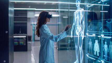 Smart doctor woman using VR glass analysis and learning human body,  human body organ hologram screen in her front.
