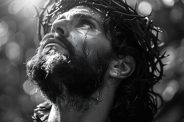 Jesus with crown of thorns with - obrazy, fototapety, plakaty