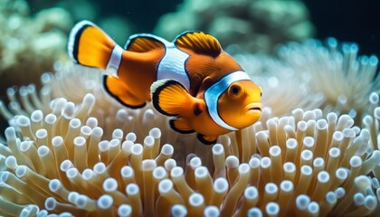 Beautiful clown fish nemo in the sea anemone. Detail of anemone fish hiding
