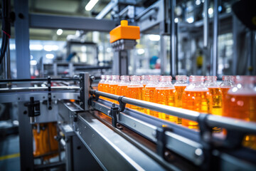Belt or line in a fresh orange beverage with modern automated industrial machine equipment, Bottling plant and colorful juice beverage plastic bottle in the factory. - obrazy, fototapety, plakaty