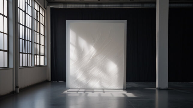 Large blank white poster in a room with windows. 3d rendering