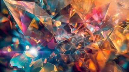 A dynamic digital art background featuring the explosive dispersion of light through a crystal prism, resulting in a kaleidoscope of geometric shapes - obrazy, fototapety, plakaty