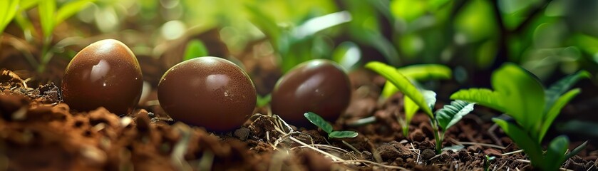 Hidden Chocolate Eggs in the Garden, Awaiting Easter Discovery - obrazy, fototapety, plakaty