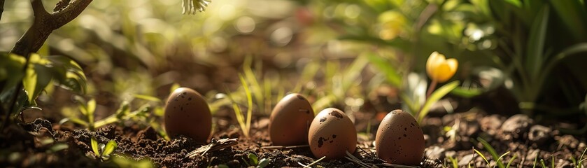 Hidden Chocolate Eggs in the Garden, Awaiting Easter Discovery - obrazy, fototapety, plakaty
