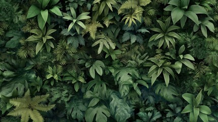 A lush, seamless pattern of tropical vegetation in various shades of green, against a backdrop that fades from deep emerald to almost black.  - obrazy, fototapety, plakaty