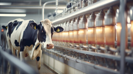 Dairy cow is being milked in cow milking facility. - obrazy, fototapety, plakaty