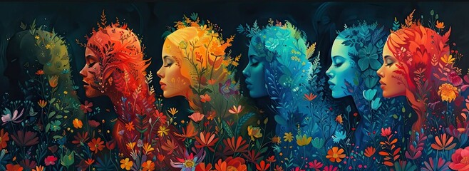 Horizontal banner with beautiful colorful girls and flowers with flowers in their hair. World Mental Health Day - obrazy, fototapety, plakaty