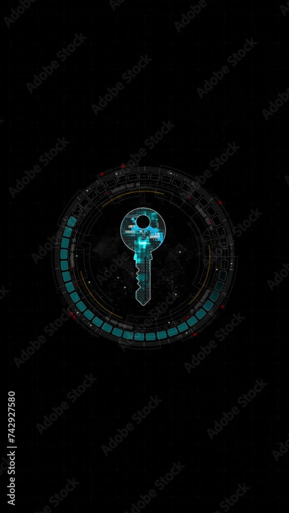 Poster motion graphic of blue digital security key logo and circle futuristic hud elements with network fir