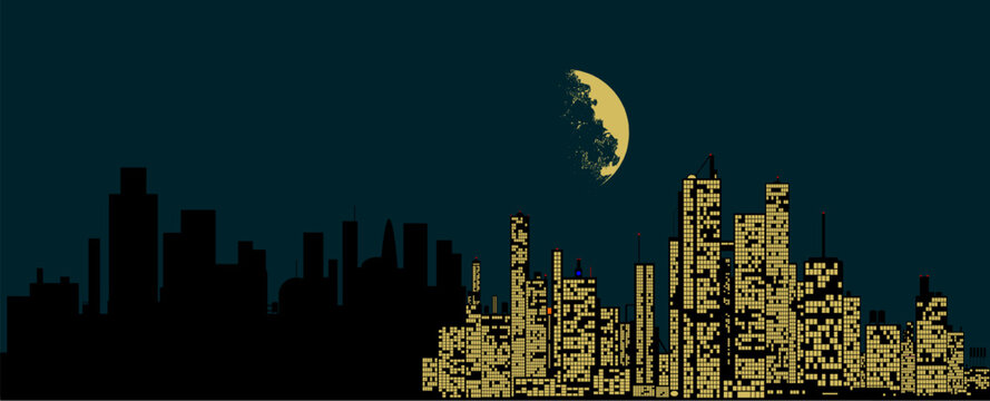 Vektor Silhouette Stadt Skyline mit Lichtern bei Nacht - Blackout Stromausfall - Geb&auml;ude Energie Energieverbrauch und Effizienz
