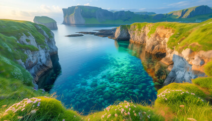 Fantastic typical Irish landscape of green hills and seaside cliffs, St. Patrick's Day celebration, March 