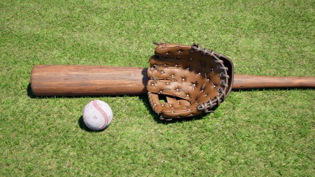 An old timber baseball bat lies on a sports field next to a leather baseball glove, alongside an old baseball spinning seamlessly.