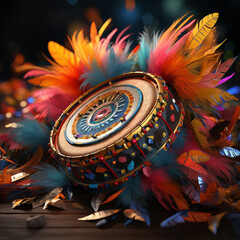 Obraz premium Brazilian and african colorful drums with feathers. Music instruments with traditional ornament. Rio carnival concept. Brazilian dance and music. Seasonal event poster, card, banner