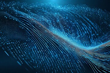 Wave of dots and weave lines. Abstract blue background for design on the topic of cyberspace, big data, metaverse, network security, data transfer on dark blue abstract cyberspace