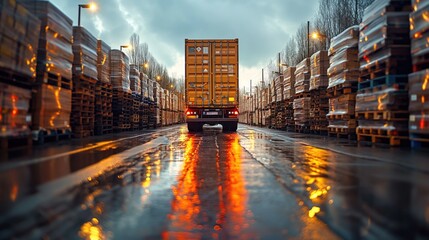 Camion de transport dans un entrepôt vue de derrière. Transport truck in a warehouse, seen from behind.