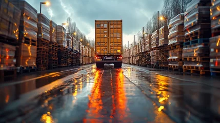 Fotobehang Camion de transport dans un entrepôt vue de derrière. Transport truck in a warehouse, seen from behind. © Jerome Mettling