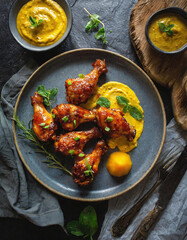 Abwechslungsreiche Chicken Wings mit Curry-Kokos-Sauce und variantenreichem Mango-Dip