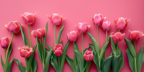 Obraz premium Vibrant Pink Tulips Lined Up on Vivid Pink Background