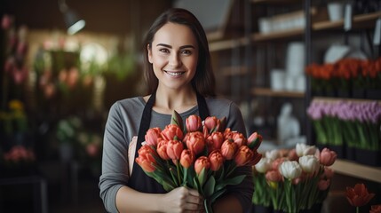 Portrait of happy female florist with bunch of red tulips looking at camera - obrazy, fototapety, plakaty