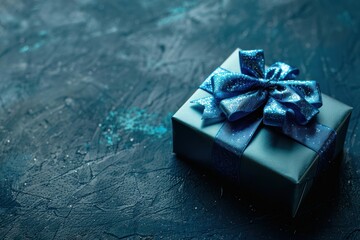 small Luxury gift box with a blue bow on dark blue table, Corporate gift concept or birthday party, Festive sale copy space banner