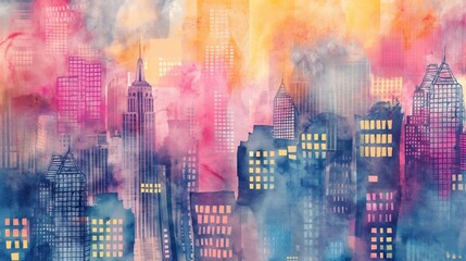 a pattern that captures the vibrant energy and busy pace of urban life with loosely painted watercolor buildings and cityscapes on a textured canvas. 