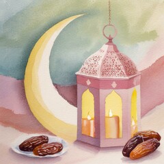 Ramadan pink lantern with golden crescent
